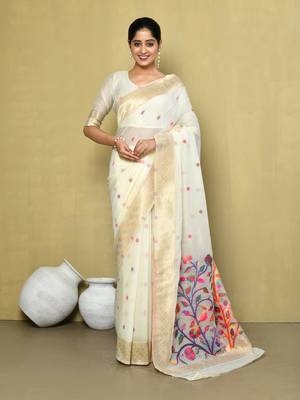 Elora cotton floral embroidered designer saree for women (off white) 1