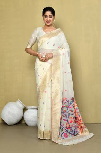 Elora cotton floral embroidered designer saree for women (off white)