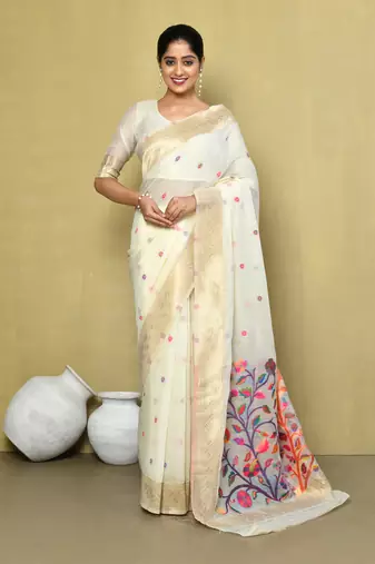 Elora cotton floral embroidered designer saree for women (off white)