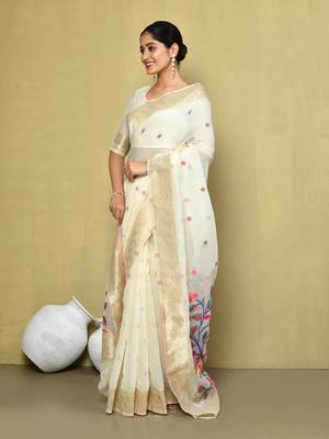 Elora cotton floral embroidered designer saree for women (off white) 2