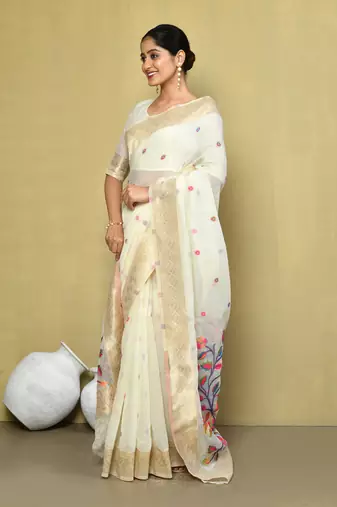 Elora cotton floral embroidered designer saree for women (off white)