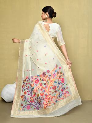 Elora cotton floral embroidered designer saree for women (off white) 3