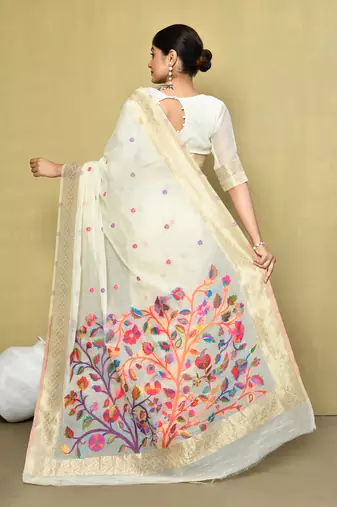 Elora cotton floral embroidered designer saree for women (off white)