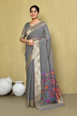 Elora cotton floral embroidered designer saree for women (grey) 1