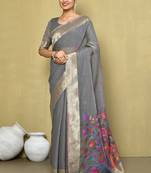 Elora cotton floral embroidered designer saree for women (grey)