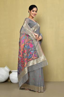 Elora cotton floral embroidered designer saree for women (grey) 2