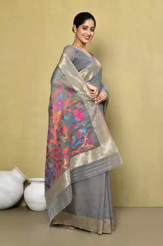 Elora cotton floral embroidered designer saree for women (grey)