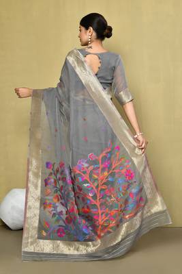 Elora cotton floral embroidered designer saree for women (grey) 3