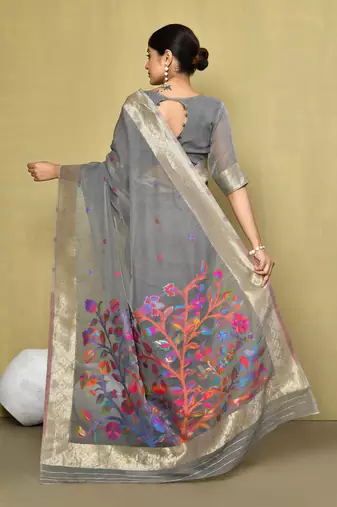 Elora cotton floral embroidered designer saree for women (grey)