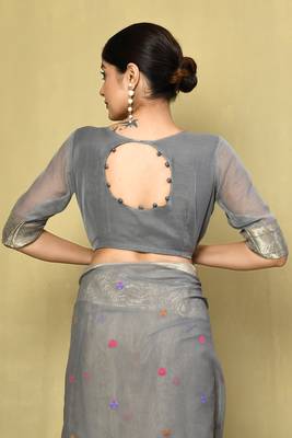 Elora cotton floral embroidered designer saree for women (grey) 5