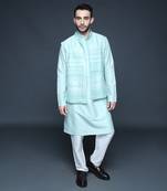 Sea green hand block printed embroidered bundi kurta set
