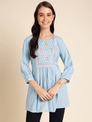Light Blue Rayon Yoke Embroidered A-line Top 1