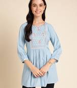 Light Blue Rayon Yoke Embroidered A-line Top