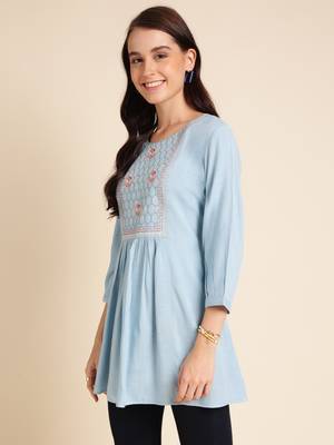 Light Blue Rayon Yoke Embroidered A-line Top 2
