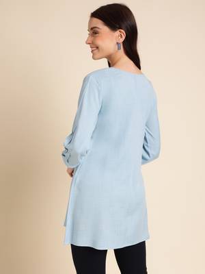 Light Blue Rayon Yoke Embroidered A-line Top 3