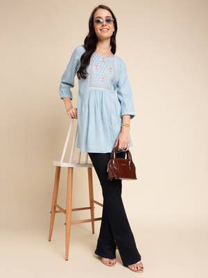 Light Blue Rayon Yoke Embroidered A-line Top 4