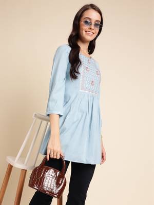 Light Blue Rayon Yoke Embroidered A-line Top 5