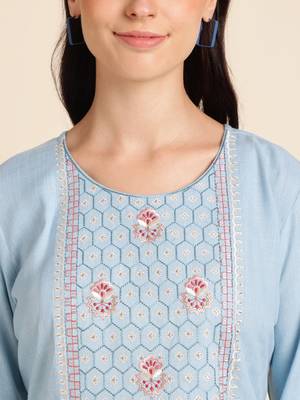Light Blue Rayon Yoke Embroidered A-line Top 7