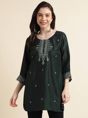 Dark Green Chinon Embroidered Straight Top 1