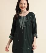 Dark Green Chinon Embroidered Straight Top