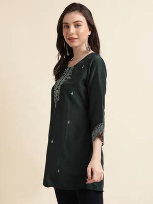Dark Green Chinon Embroidered Straight Top 3