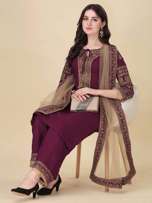 Modestouze Attires Women's Embroidered Silk Kurta And Pant Set With Net Dupatta (MAK7SEQUIN) 1