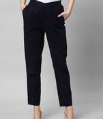 A navy ankle length coton linen pant with plain belt in front.