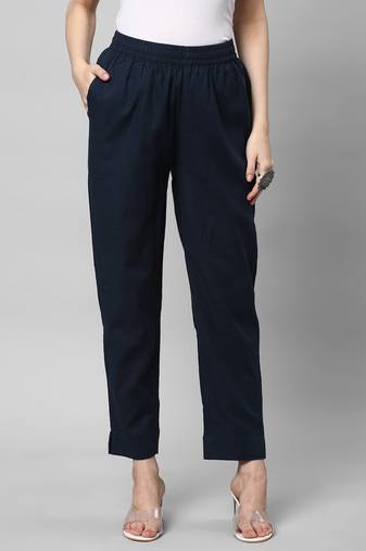 A fully elasticated blue ankle length cotton linen pant.