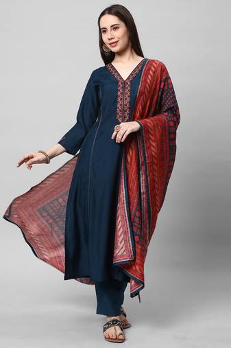 A machine embroidered kurta with self bottom paired with printed dupatta.