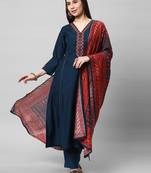 A machine embroidered kurta with self bottom paired with printed dupatta.
