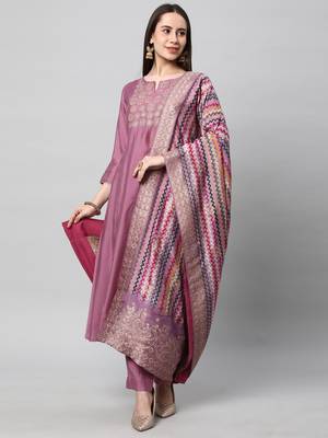 Embroidered a line kurta paired with straight pants and printed brocade dupatta. 1