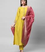 Embroidered a line kurta paired with brocade dupatta and straight pants.