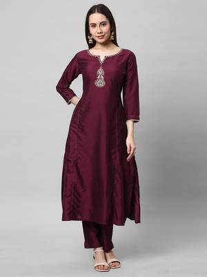 Silk blend embroidered kurta in deep purple shade with sequinned work. 1