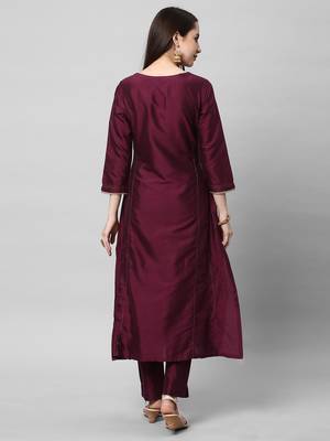 Silk blend embroidered kurta in deep purple shade with sequinned work. 2