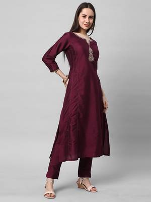 Silk blend embroidered kurta in deep purple shade with sequinned work. 3