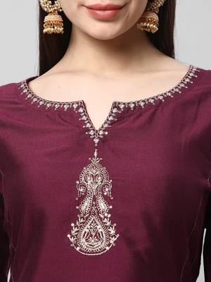 Silk blend embroidered kurta in deep purple shade with sequinned work. 5