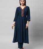 A-line roman silk kurta with machine embroidery in contrasting colours.