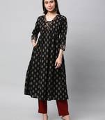 Printed cotton kurta with gathering and hand embroidery.