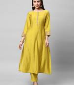 A line kurta in silk blend fabric with embroidered placket and sleeve.