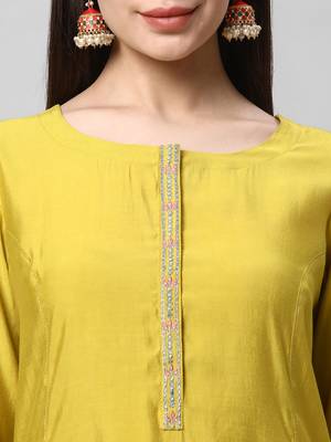 A line kurta in silk blend fabric with embroidered placket and sleeve. 5