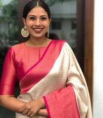 Off White And Pink Woven Faux Faux Kanjivaram Silk Saree With Blouse Piece