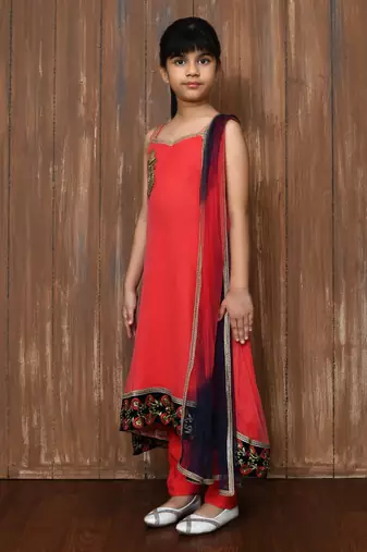 Pink embroidered net a line kids salwar suits
