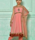 Pink embroidered net a line kids salwar suits