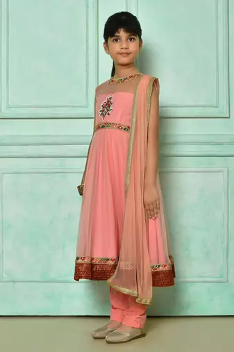 Pink embroidered net a line kids salwar suits