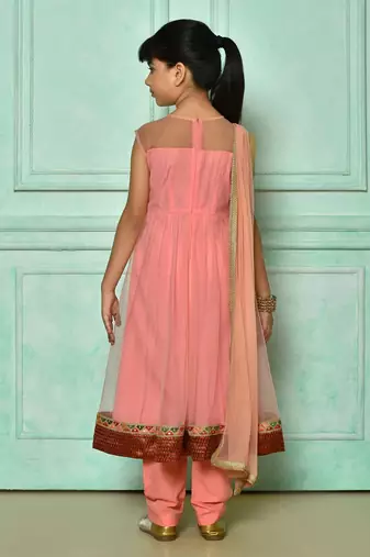 Pink embroidered net a line kids salwar suits