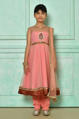 Pink embroidered net a line kids salwar suits 4