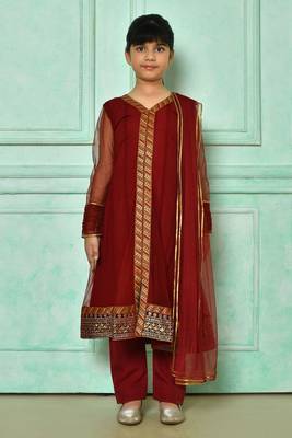 Maroon embroidered net a line kids salwar suits 1