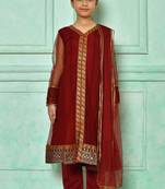 Maroon embroidered net a line kids salwar suits