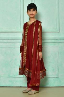 Maroon embroidered net a line kids salwar suits 2