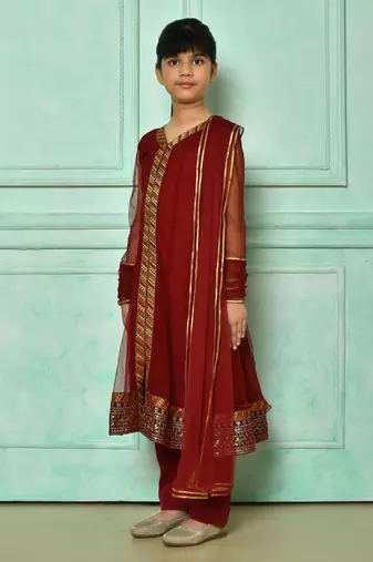 Maroon embroidered net a line kids salwar suits